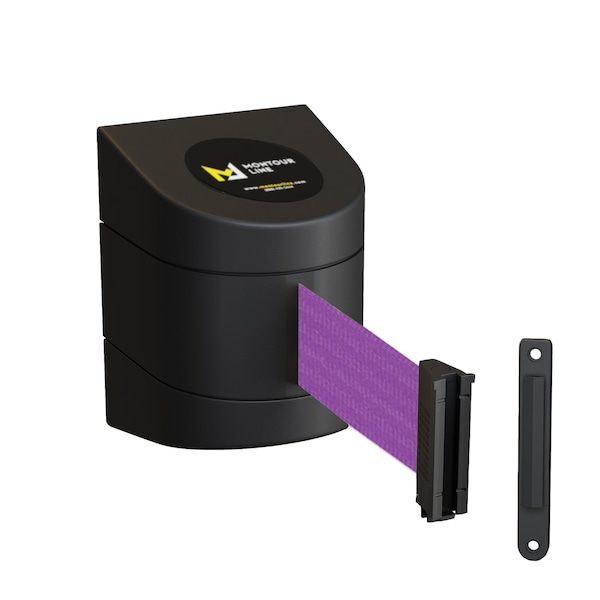 Montour Line Retractable Belt Barrier Black Fixed Wall Mount 15' Purple Belt (F) PWM200-BK-PE-F-S-150 - main